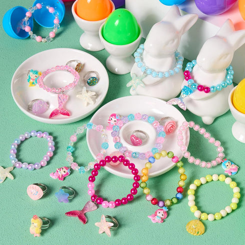 JOYIN 12 Pack Prefilled Easter Eggs with Jewelry Toys Inside, Beads Bracelets and Rings for Kids Egg Hunt, Girls Party