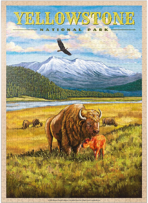 MyPuzzle Yellowstone National Park Vintage Travel Poster, Hayden Valley Bisons - Premium 1000 Piece Puzzle