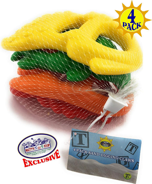 7" Set 4 Pack Matty's Toy Stop Plastic Sand Digger Scoop Claws for Sand & Beach (Red, Yellow, Orange & Green) Complete