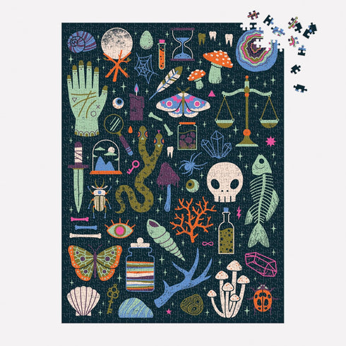 Galison Occult and Curious – 1000 Piece Glow in The Dark Jigsaw Puzzle of Creepy and Spooky Objects