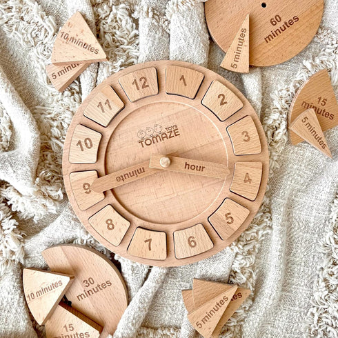 Tomaze Montessori Wooden Toy Clock - Educational Kit for Kids to Teach Time, Fractions, and Numbers