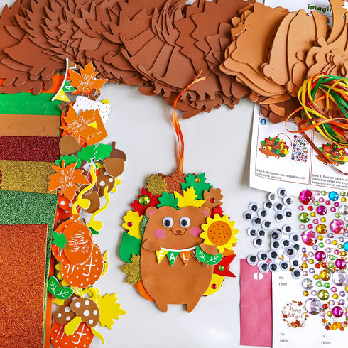 Winlyn 24 Sets Fall Craft Kits, DIY Hedgehog Ornaments and Leaf Foam Stickers for Thanksgiving Classroom Activities