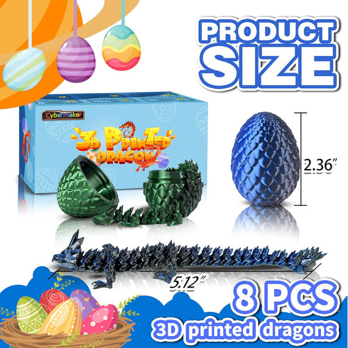 8pcs 3D Set, 3D Printed Dragon Eggs with Dragons Inside, Articulated Fidget Toys Dragon Figurines for Kids Goodie Bag
