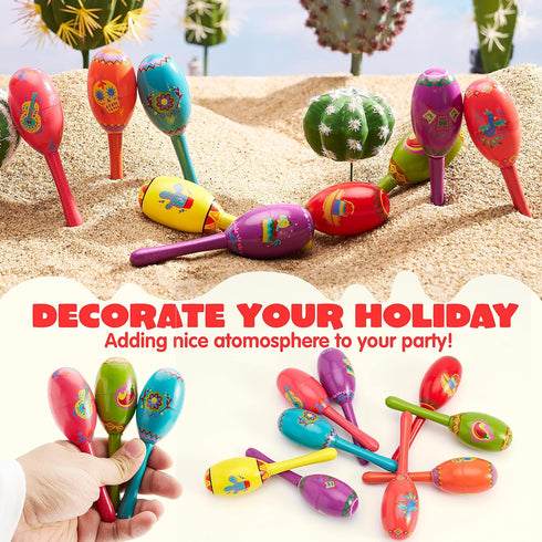 JOYIN 9 Pcs Fiesta Wooden Maracas - 9 Designs Noisemaker for Cinco De Mayo Party Favors and Mexican Decorations