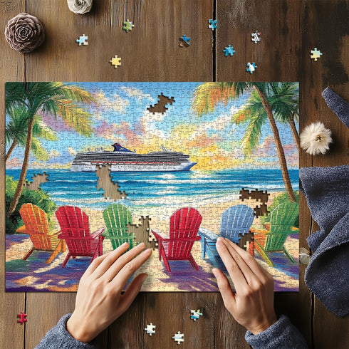 PICKFORU 1000 Summer Beach Puzzles for Adults Piece, Rainbow Beach Lounge Chair Puzzle, Colorful Ocean Jigsaw Puzzle