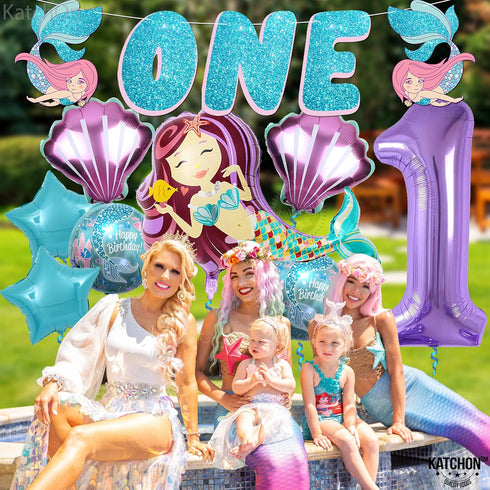 Mermaid First Birthday Decorations for Girl, 40 Inch 1 Balloon, Glitter One Banner for Mermaid Party