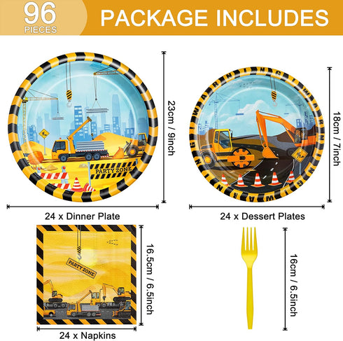 96 Set 24 Pcs Construction Birthday Party Plates Napkins Forks Supplies Tableware Disposable Table Dump Truck Theme