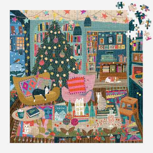 Galison 500 Piece Season's Reading Jigsaw Puzzle - Cozy Christmas Bookshop Scene with Gold Foil Accents