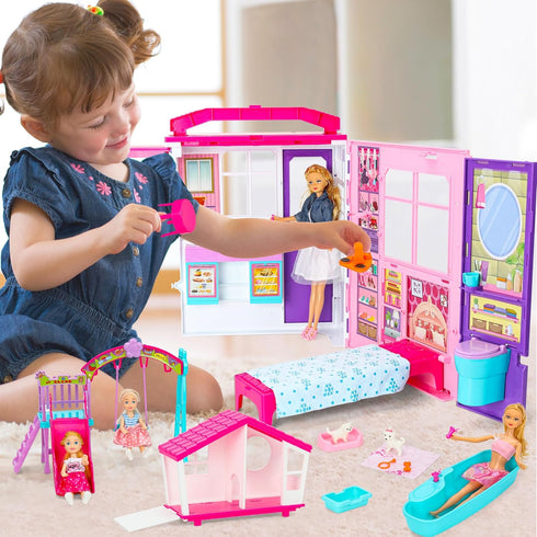 Doll House Portable & Foldable Dollhouse with 60+ Pcs & 2 Dolls, Playhouse Toy for Kids
