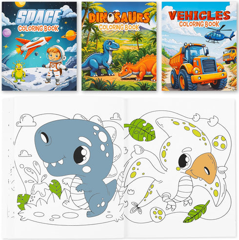 Set 3 48 ZICOTO Fun Coloring Books for Kids of Exciting Dinosaur, Space & Trucks Coloring Book for Boys Ages Easy