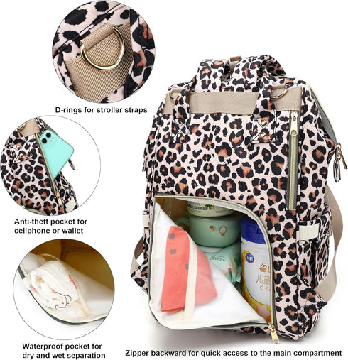 Xunteny Backpack Leopard Baby Diaper Bag for Girls Boys, Waterproof Large Maternity Nappy Bags for Mom