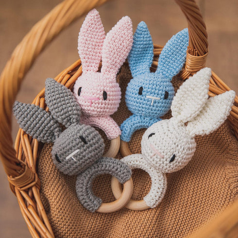 WOODEN TEETHER Crochet Baby Rattle, Crochet Baby Toys, Easter Bunny Rattle, Newborn Animal Rattle ToysKnitted Stuffed