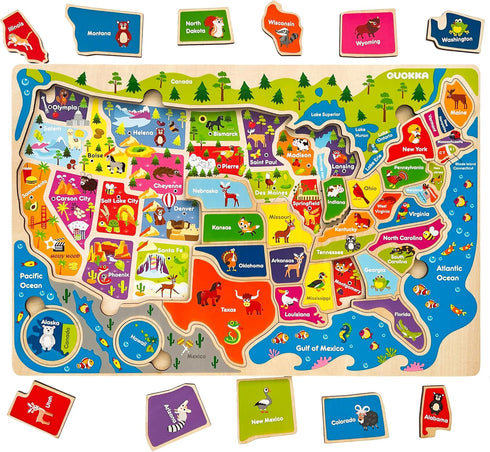 QUOKKA Wooden Puzzles for Kids Ages 4-6, 3 Educational Toddler Puzzles, USA, World, Space Maps, Gift for Boys and Girls