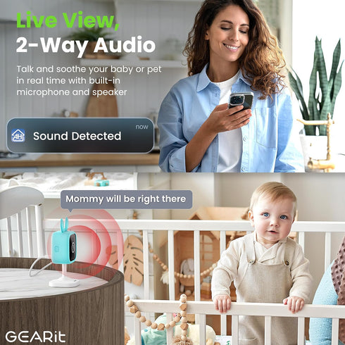 GEARit 2K 2 Setup, Set Baby Monitor with Camera & Audio Video with Motion & Crying Detection, Way Audio Easy WiFi