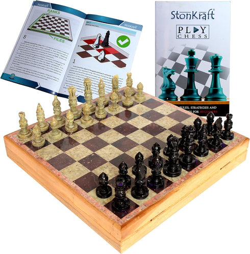 StonKraft Handcarved Chess Board with Wooden Base - Stone Inlaid Chess Game Set