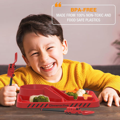 Dinneractive 3PC Dining Set for Kids - Red Firefighter Dinnerware - Fire Truck Utensils - Toddler Plates - Baby Dishes