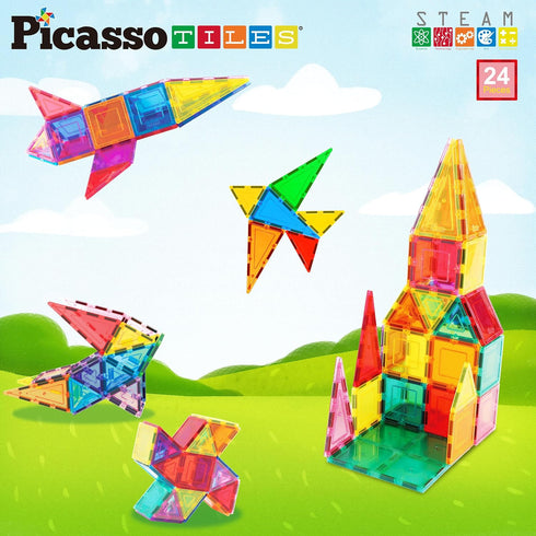 Set 3+ PB24 PicassoTiles Magnet Tile Building Block Magnetic Construction Square Triangle Tiles Toy Kit Sparking
