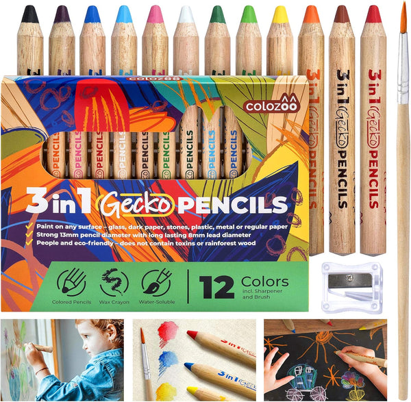 3 In 1 Color Pencils, 12 Colors Set with Brush and Sharpener, Non-Toxic and Vegan for Ages 3 and Up