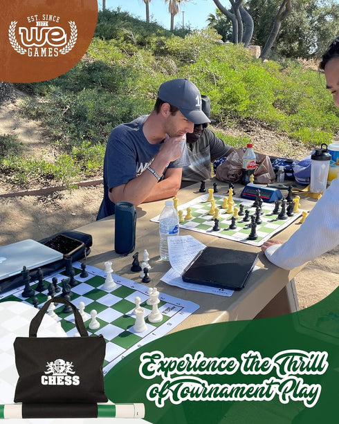Set 34 WE Games Chess - Tournament Style with Pieces, Vinyl Roll-Up Board, Storage Bag & Equalizer Dice. Ideal