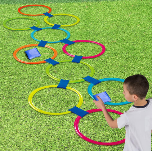 2-In-1 Hopscotch & Bean Bag Toss, Combine Hopscotch Rings with Bean Bag Toss Game for Kids, Fun Playground Toys