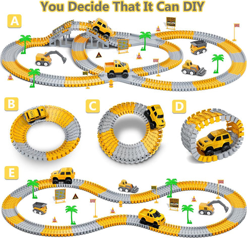 253 PCS Construction Race Tracks Toy for 3-8 Year Olds, 5 PCS Truck Car and Flexible Track Play Set