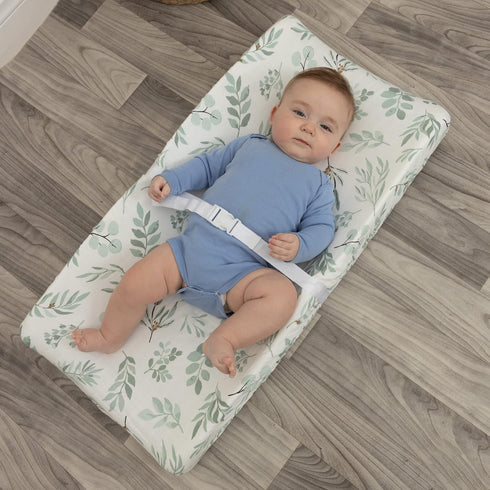 Organic Muslin Changing Pad Cover, Fitted Baby Changing Mat, Soft and Breathable, Eucalyptus Leaves, 16”x32”