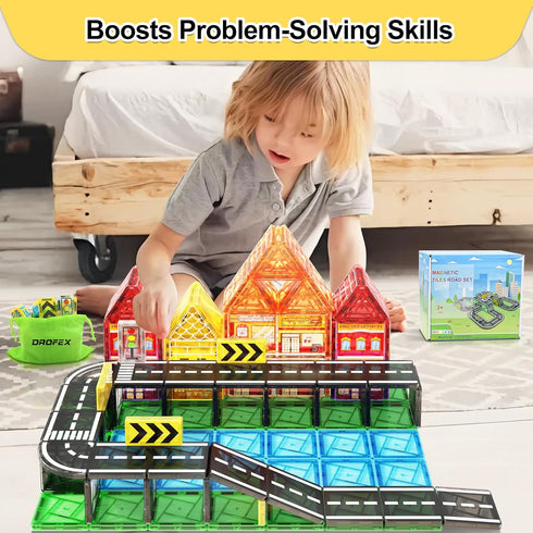 82pcs 3+Year Drofex Magnetic Tiles Road, Magnetic Building Blocks Construction Toys for Old Boys Girls, Kids Montessori