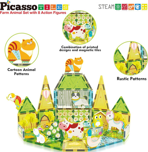 PicassoTiles 8 Character Farm Animal Toy Set with Magnetic Tiles, STEM Learning Kit for Kids Age 3+ PTQ17