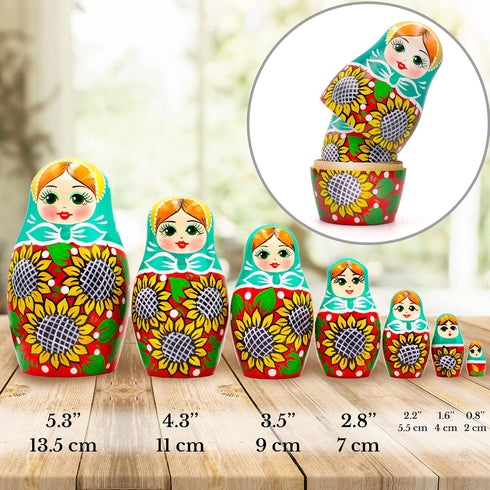 AEVVV Russian Nesting Dolls Set of 7 pcs - Matryoshka Dolls in Sunflower Sundress for Women