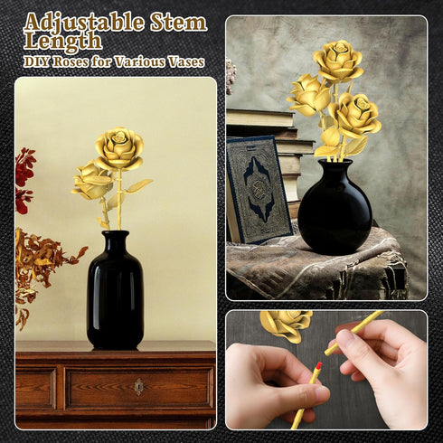 QIFUN Set 3 Gold Roses Flower Building - Roses Bouquet Botanical Building Blocks for Adult, Home Decor Romantic