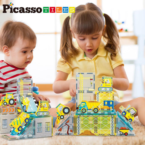 PicassoTiles Magnet Tile Building Blocks, Printed Construction Themed Toy Set with 8 Character Action Figures for Kids