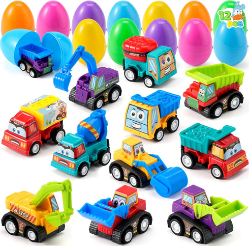 12 JOYIN Pcs Easter Eggs Filled with Toy Cars, Colorful Prefilled Pull Back Construction Vehicle, and Race Car for Kids