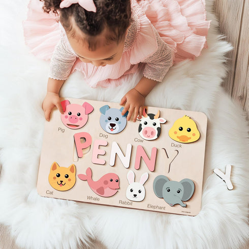 1st 0-3: Cute Name Puzzle: Personalized with Name and Animals | Birthday Gift, Wooden Toy Playful Learning Experience