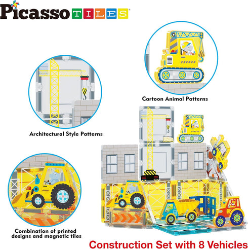 PicassoTiles Magnet Tile Building Blocks, Printed Construction Themed Toy Set with 8 Character Action Figures for Kids