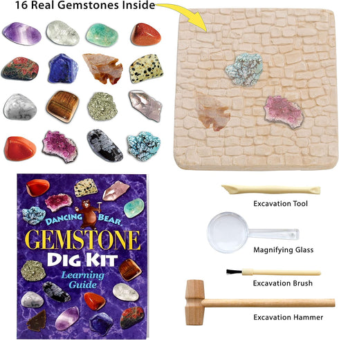 DANCING BEAR Gem Dig Kit - Excavate 16 Gems & Crystals Including Arrowheads, Quartz, Amethyst - STEM Education Gift Set for Kids