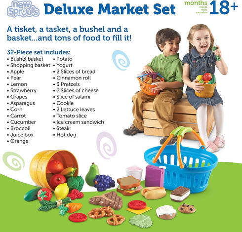 Learning Resources New Sprouts Deluxe Market Set - 32 Pieces Pretend Play Food for Toddlers, Kitchen Toys