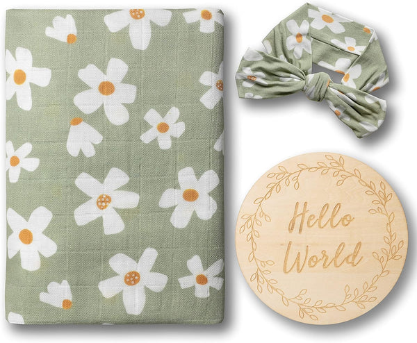Miaoberry Daisy Garden Spring Floral Muslin Swaddle Set for Baby Girl|100% Organic