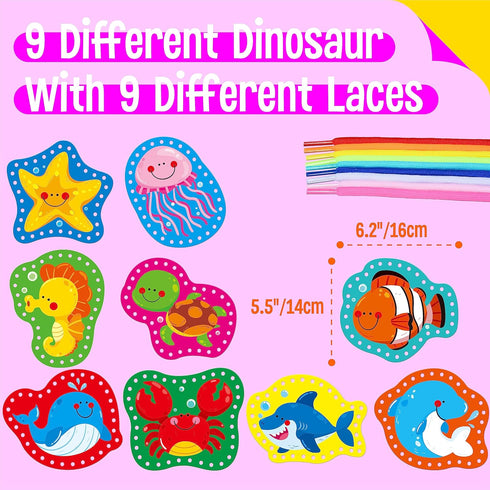 9 Pieces Kids Lacing Cards, Double Sided Sewing Cards with 9 Marine Animal Cards and Colorful Laces for Educational