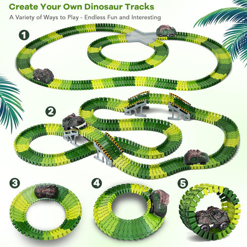 Dinosaur Toys, 252 PCS Create A Dinosaur World Road Race Tracks, Flexible Track Playset, 2pcs Dinosaur Car for 3 4 5 6