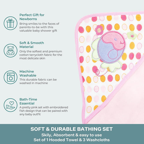 3 Spasilk Baby Bath Hooded Terry Towel with Washcloths, Baby Bath Essentials, One Size, Pink Fish