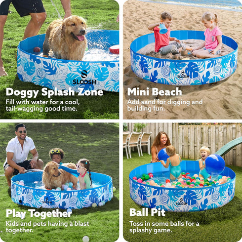 Swimming (63" 12") SLOOSH Foldable Dog Kiddie Pool - Portable Hard Plastic Kids Baby Doggie Pool, Anti-Slip Thick PVC
