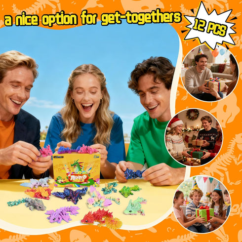 12PCS 3D Set, 4.4"-6" Printed Dragon Easter Basket Gifts for Kids Boys, Articulated Flexible Dragons, Home Office Desk
