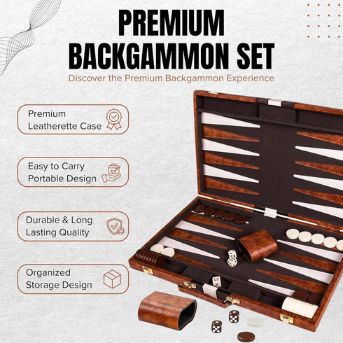 Backgammon 15 Inches Backgammon Sets Gammon Set Backgammon Set Premium Medium Brown - for Adults and Kids - Leatherette