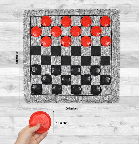 Giant Checkers Board Game Set,3 in 1 Jumbo Tic Tac Toe Game,Classic Checkers Board Game for Kids & Adults,Large Checkers Rug Game Mat,Indoor Outdoor Yard Game for Family Camping Party
