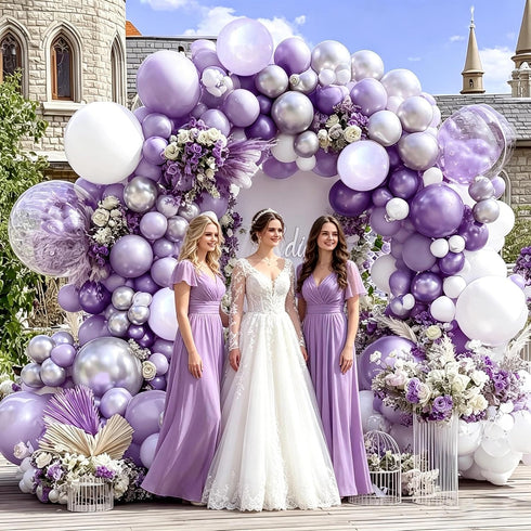 Pastel Purple White Balloon Arch Double Stuffed, Light Lavender Pearl Balloon Garland Kit with Metallic Lilac Silver