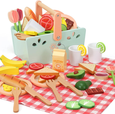 Playset, 31 Sets 3+ Wooden Toy Picnic Pcs Wooden Play Food Sandwich Stacking Toys for Kids Pretend Play Cutting Food