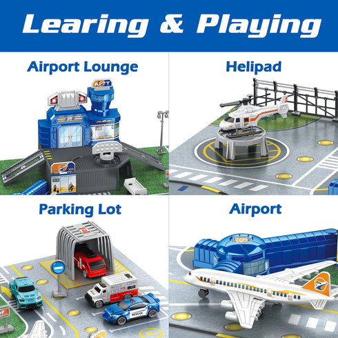 Set Airplane Toy with Trucks, Helicopter, Planes, Signs and Airport Playmat, Interactive Early Learning Toys for Boys