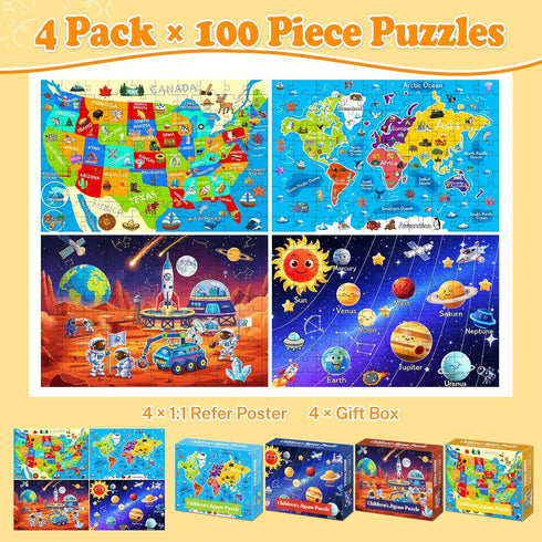 Kazmido 4 Packs 100 4-6 6-8 8-10, 3-5 4-6 5-8, 100 15"x10" Piece Puzzles for Kids Ages USA World Map Kids Puzzles Ages