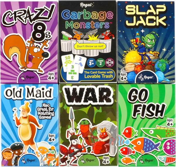 Regal Games Card Games for Kids Go Fish, Crazy 8's, Old Maid, Slap Jack, Monster Memory Match, War 6 Set