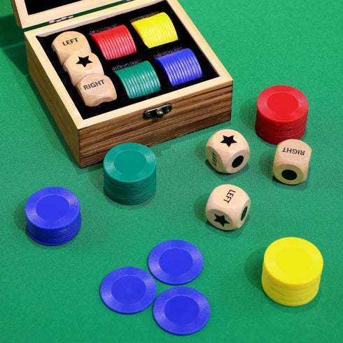 Set, 3 1-inch 48 Fun Left Right Roll Dice Game Include Wooden Dices Pcs Chips in Wooden Box, Easy to Store and Carry